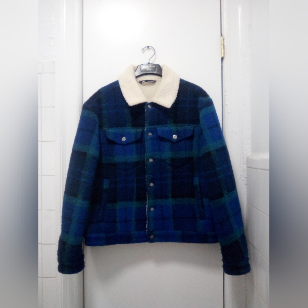 Zara Blue Flannel Sherpa Jacket Sz Large